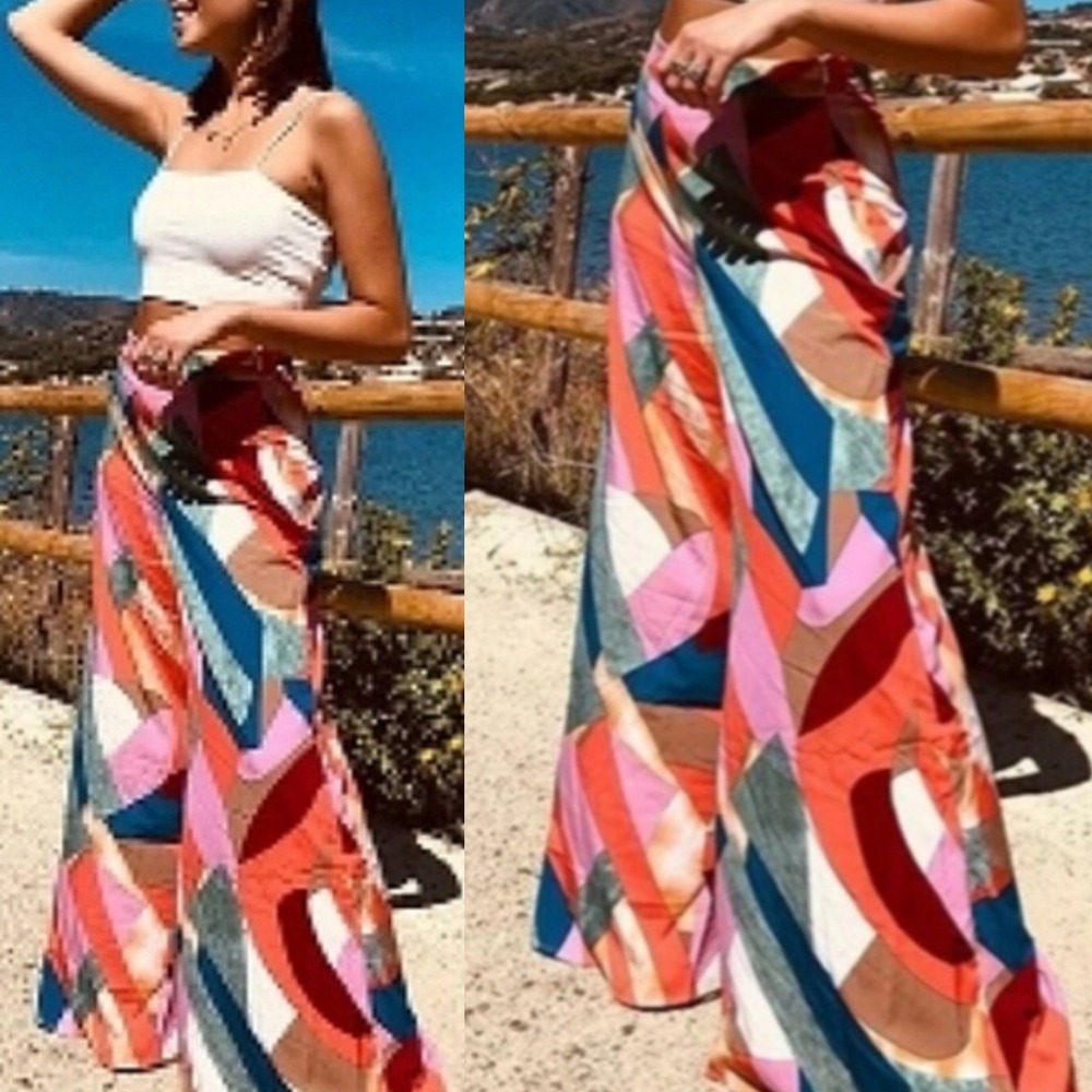 Luukse Wide Leg High Rise Pants Womens Sz Large Multicolour Geometric Print Boho - Picture 3 of 16